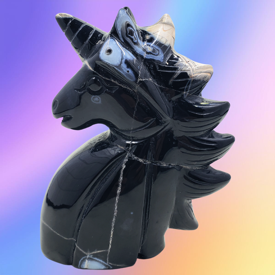 Black Sardonyx Agate Unicorn Carving