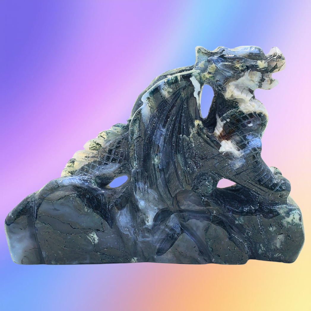 Moss Agate Mini Dragon Carving