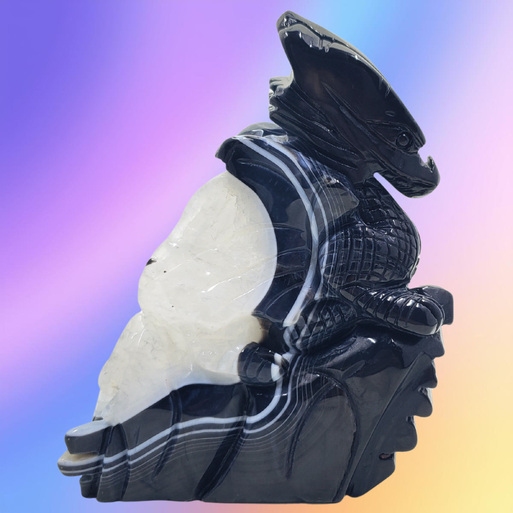 Black Sardonyx Agate Dragon on Rock Carving