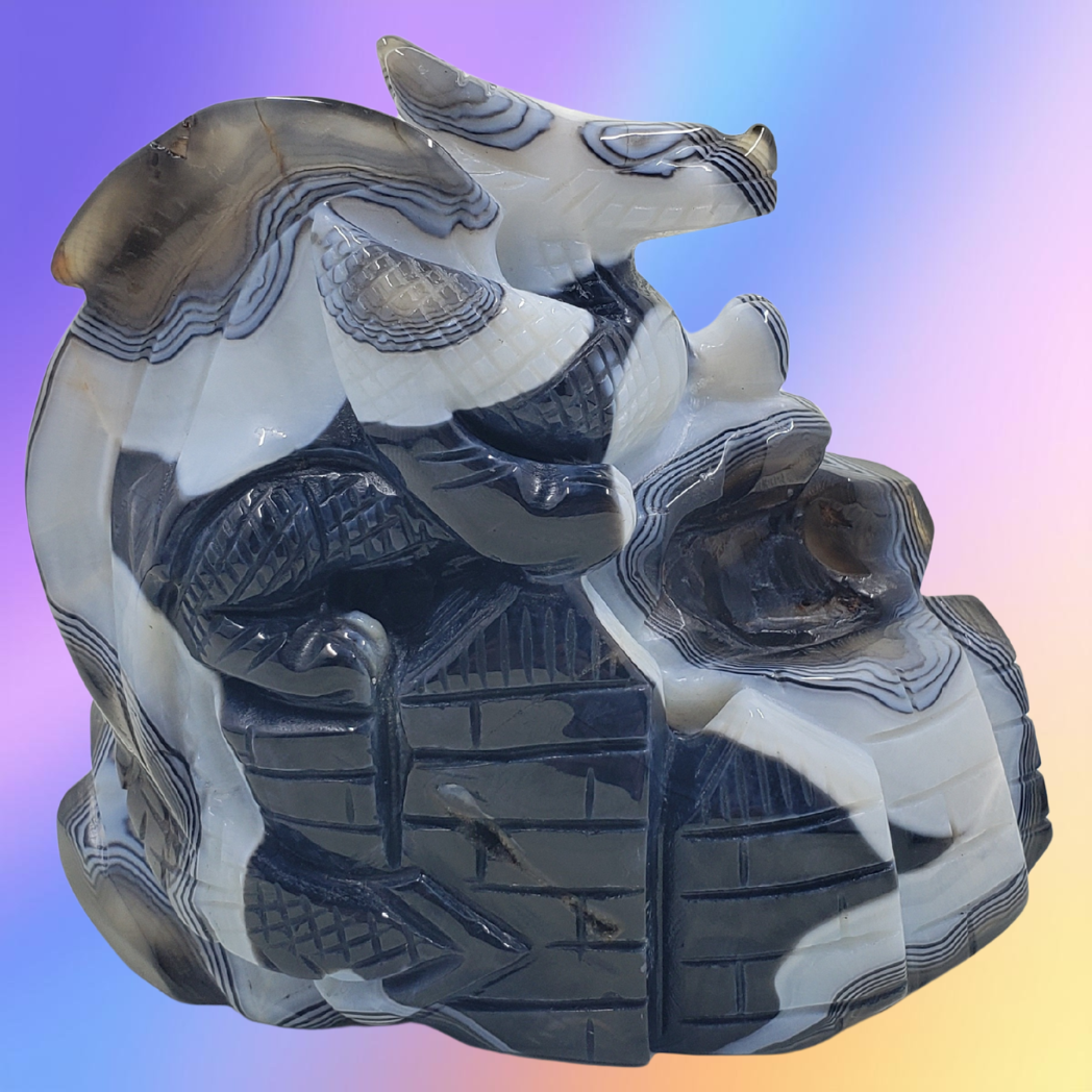 Black Sardonyx Agate Dragon on Castle Carving