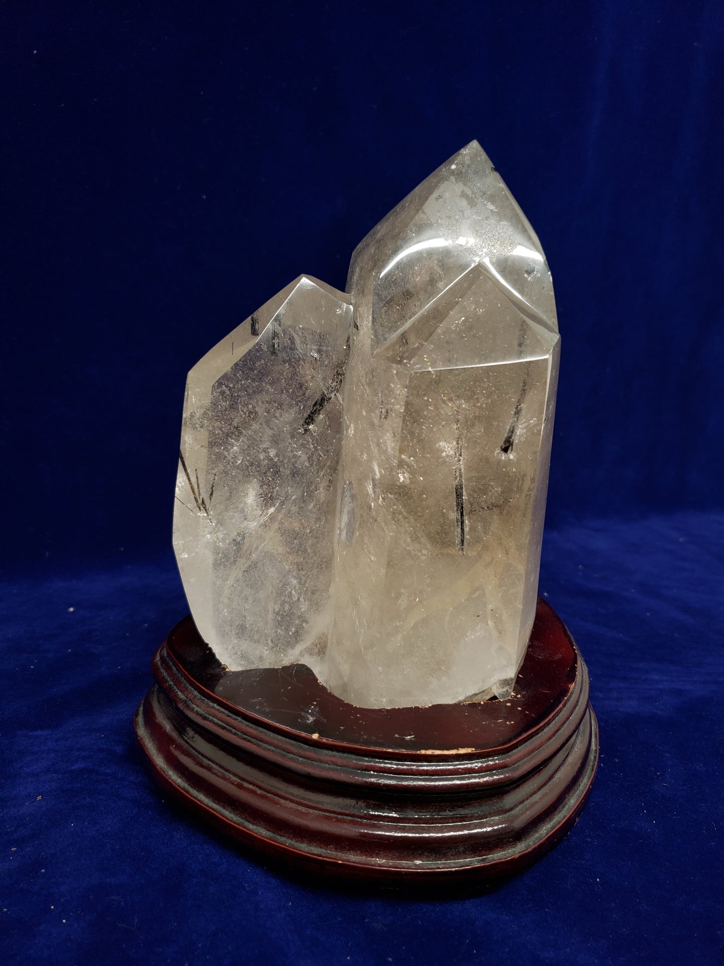 Tourmaline & Quartz Point Cluster with Wood Stand
