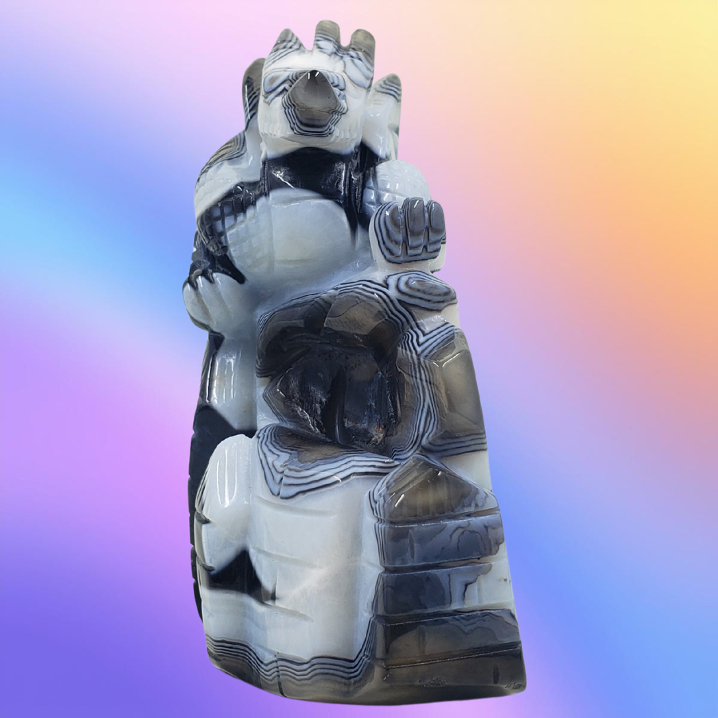 Black Sardonyx Agate Dragon on Castle Carving