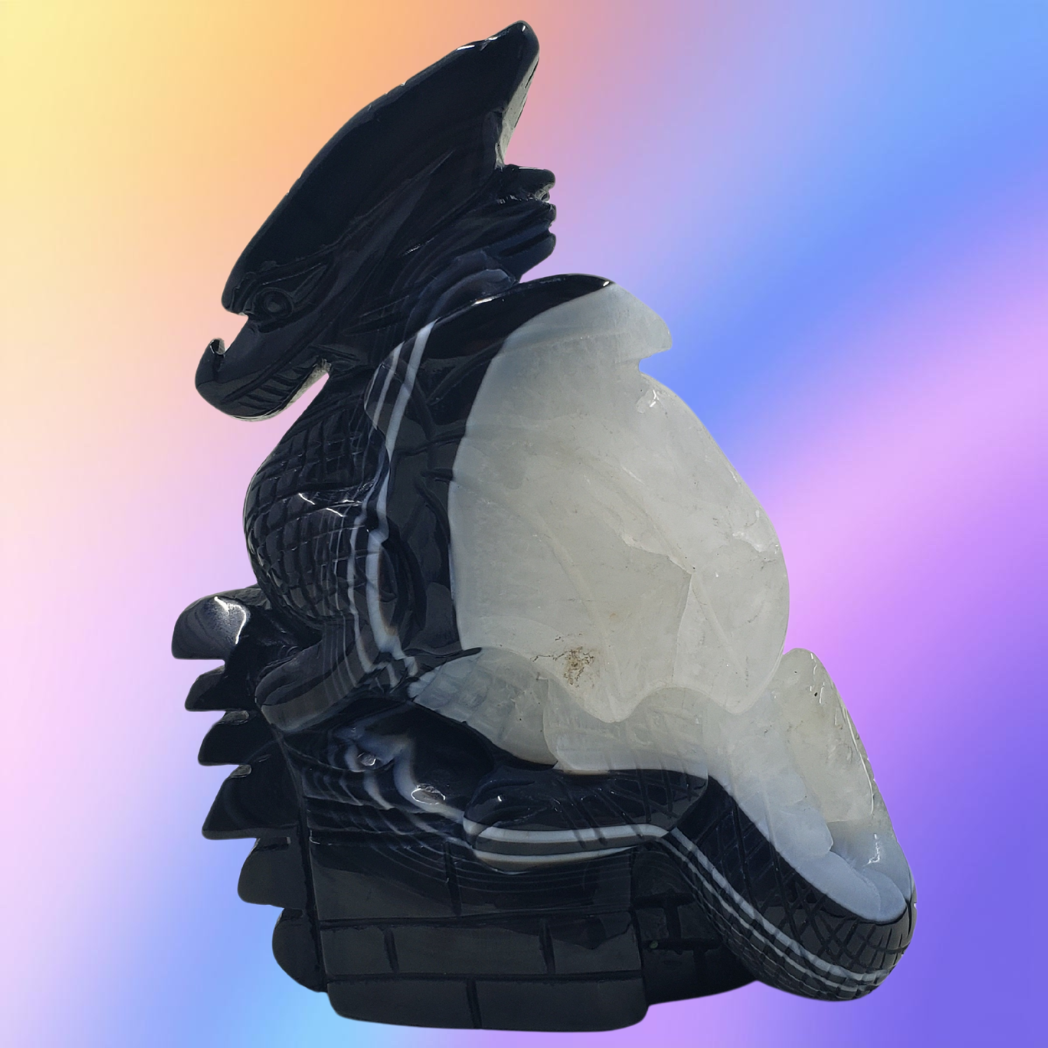Black Sardonyx Agate Dragon on Rock Carving