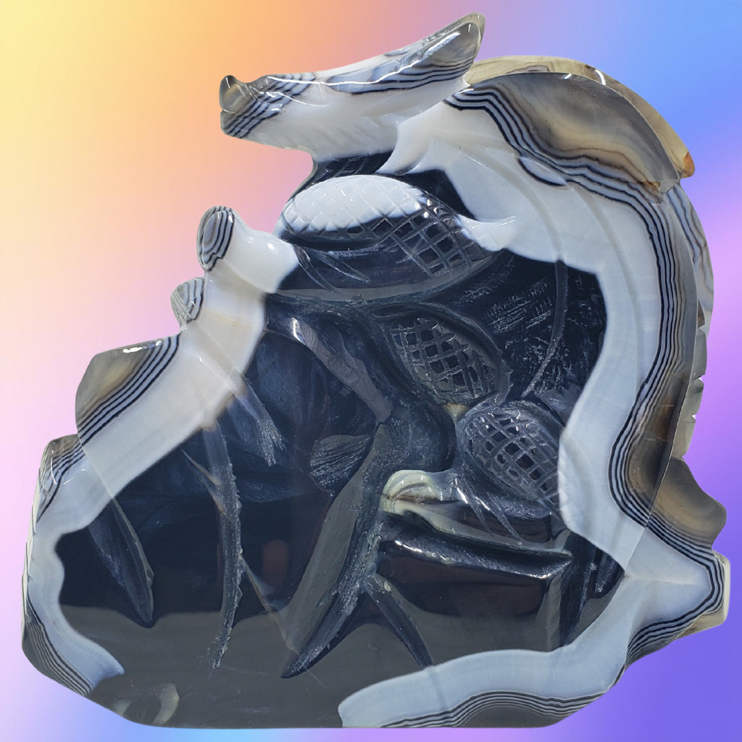 Black Sardonyx Agate Dragon on Castle Carving