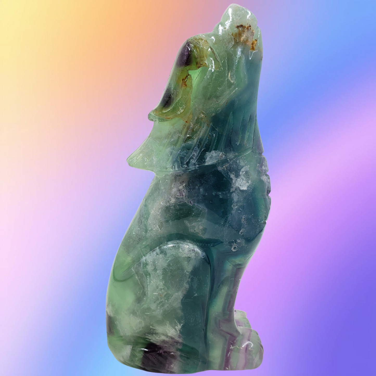 Feather Fluorite Wolf Carving