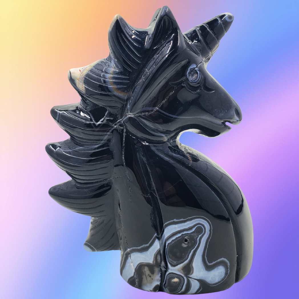 Black Sardonyx Agate Unicorn Carving