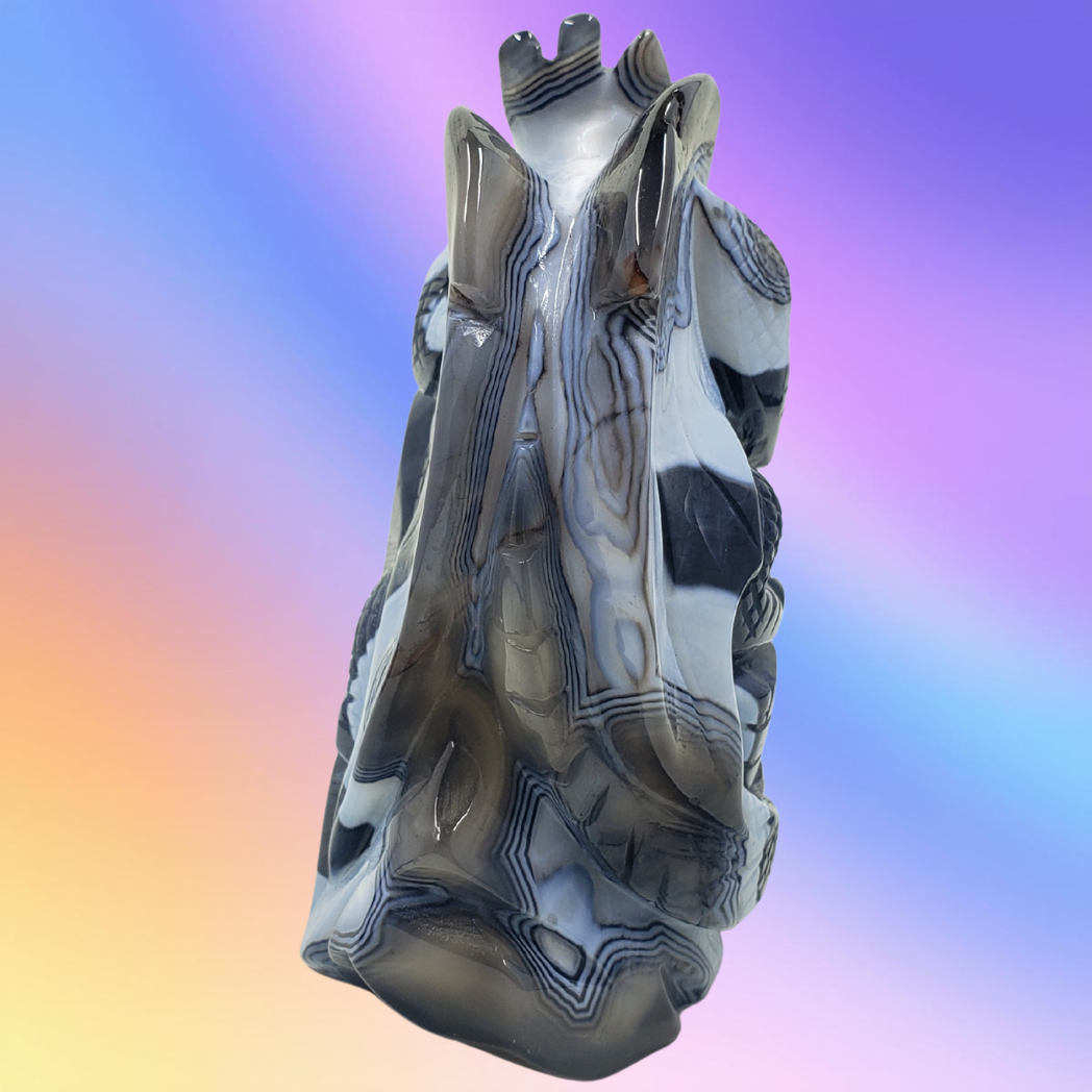 Black Sardonyx Agate Dragon on Castle Carving