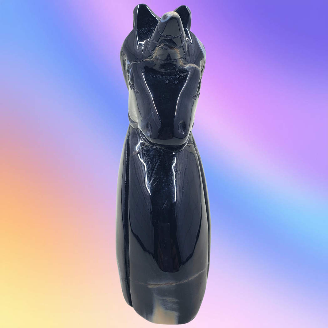 Black Sardonyx Agate Unicorn Carving