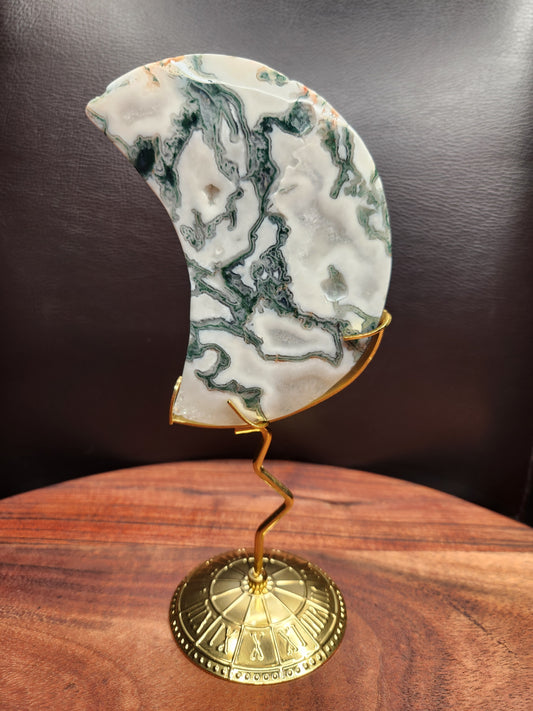 Moss Agate Moon on Stand