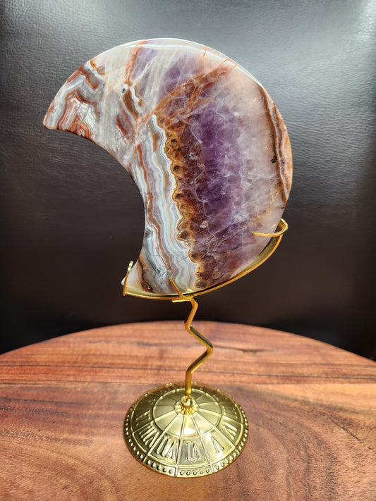 Mexican Agate & Amethyst Moon on Stand