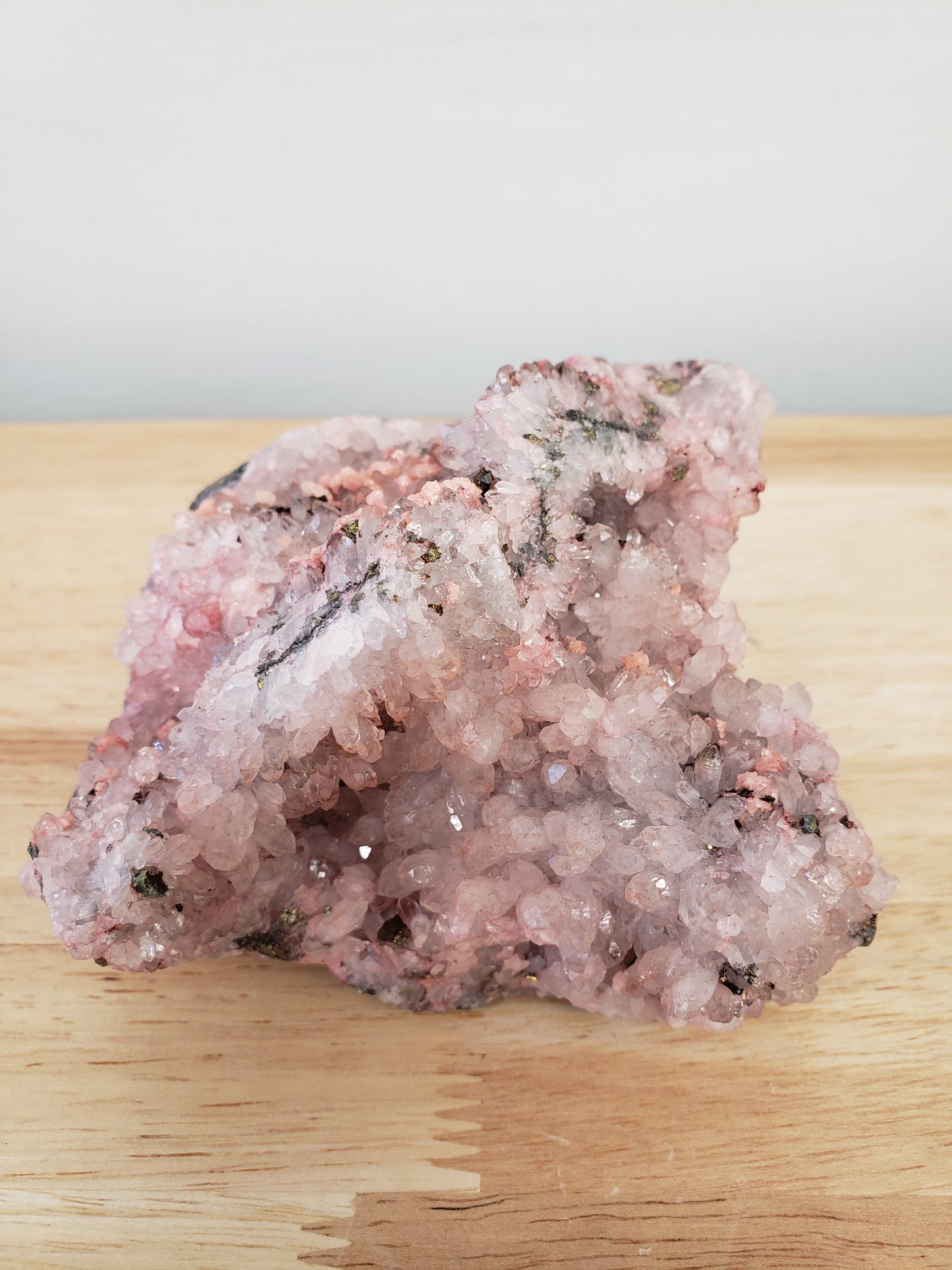 Pink Rhodochrosite with Chalcopyrite on Quartz