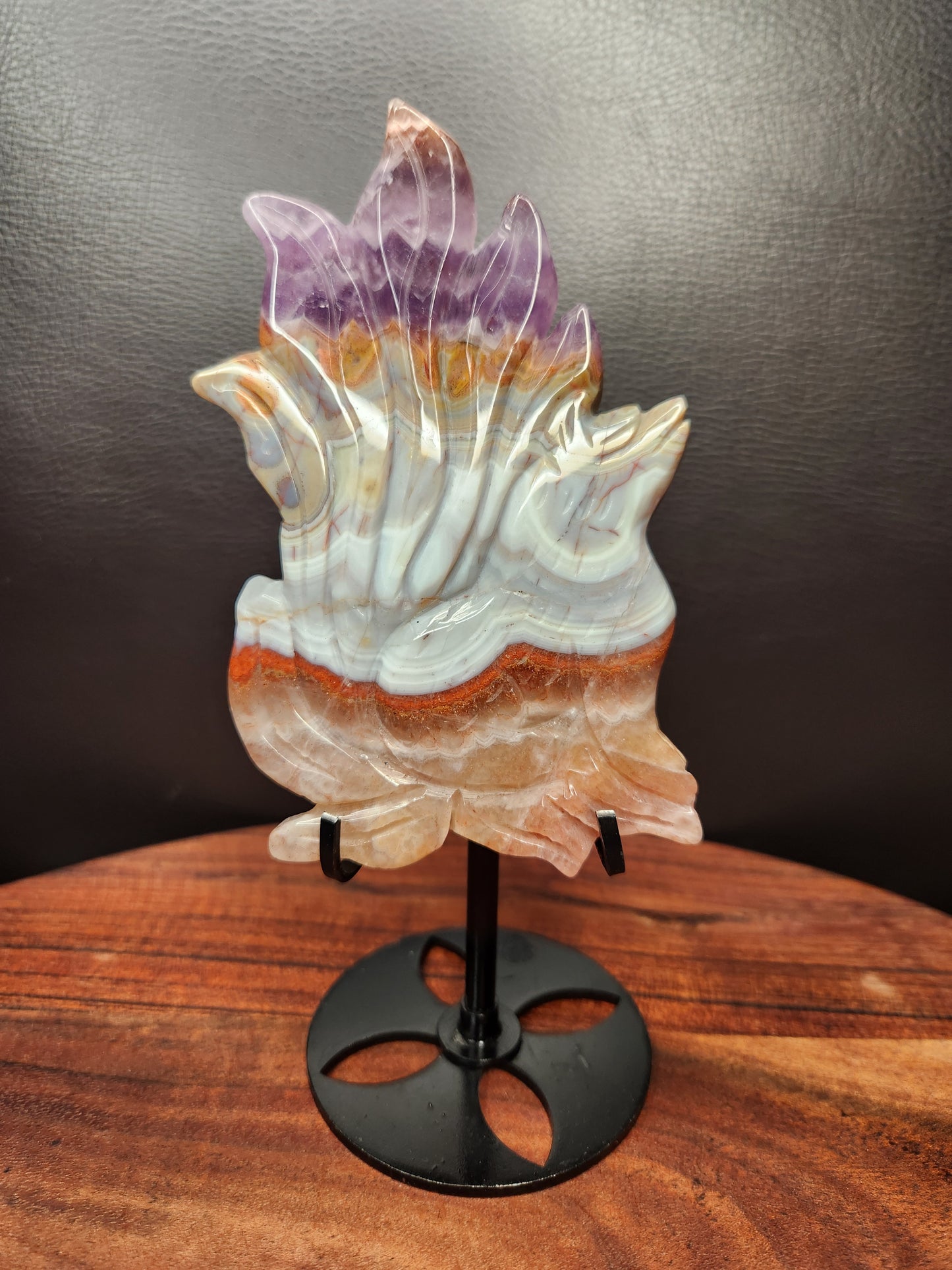 Mexican Agate & Amethyst Nine Tail Fox Carving on Stand.
