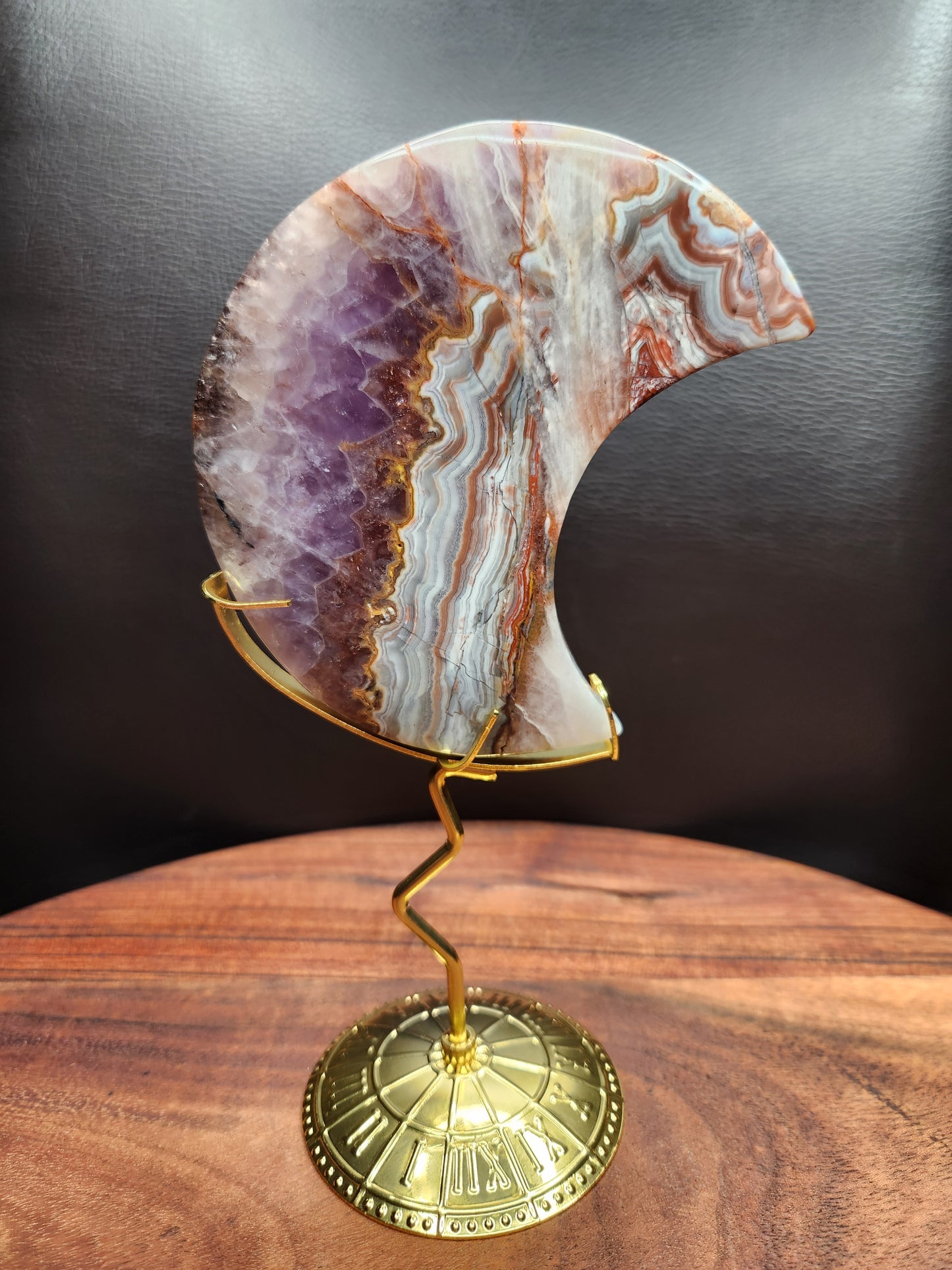 Mexican Agate & Amethyst Moon on Stand