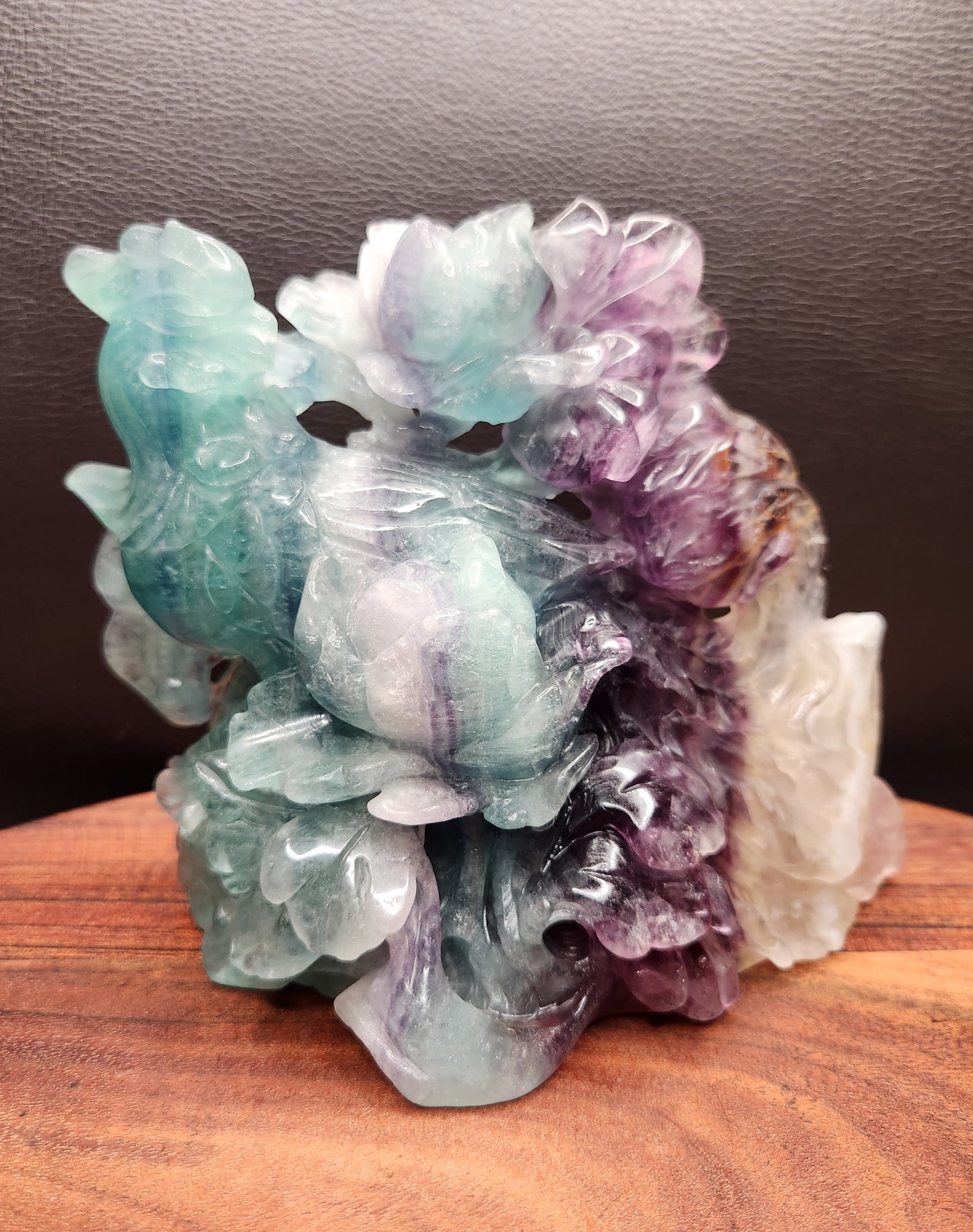 Rainbow Fluorite Phoenix Bird with Flowers Carving