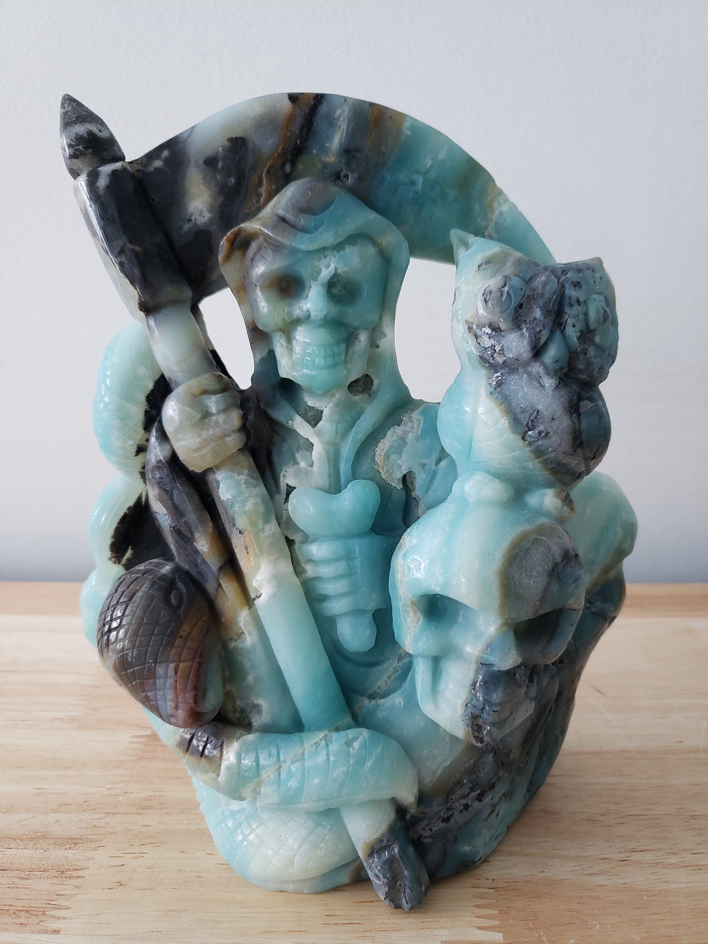 Amazonite Death Owl Snake Carving