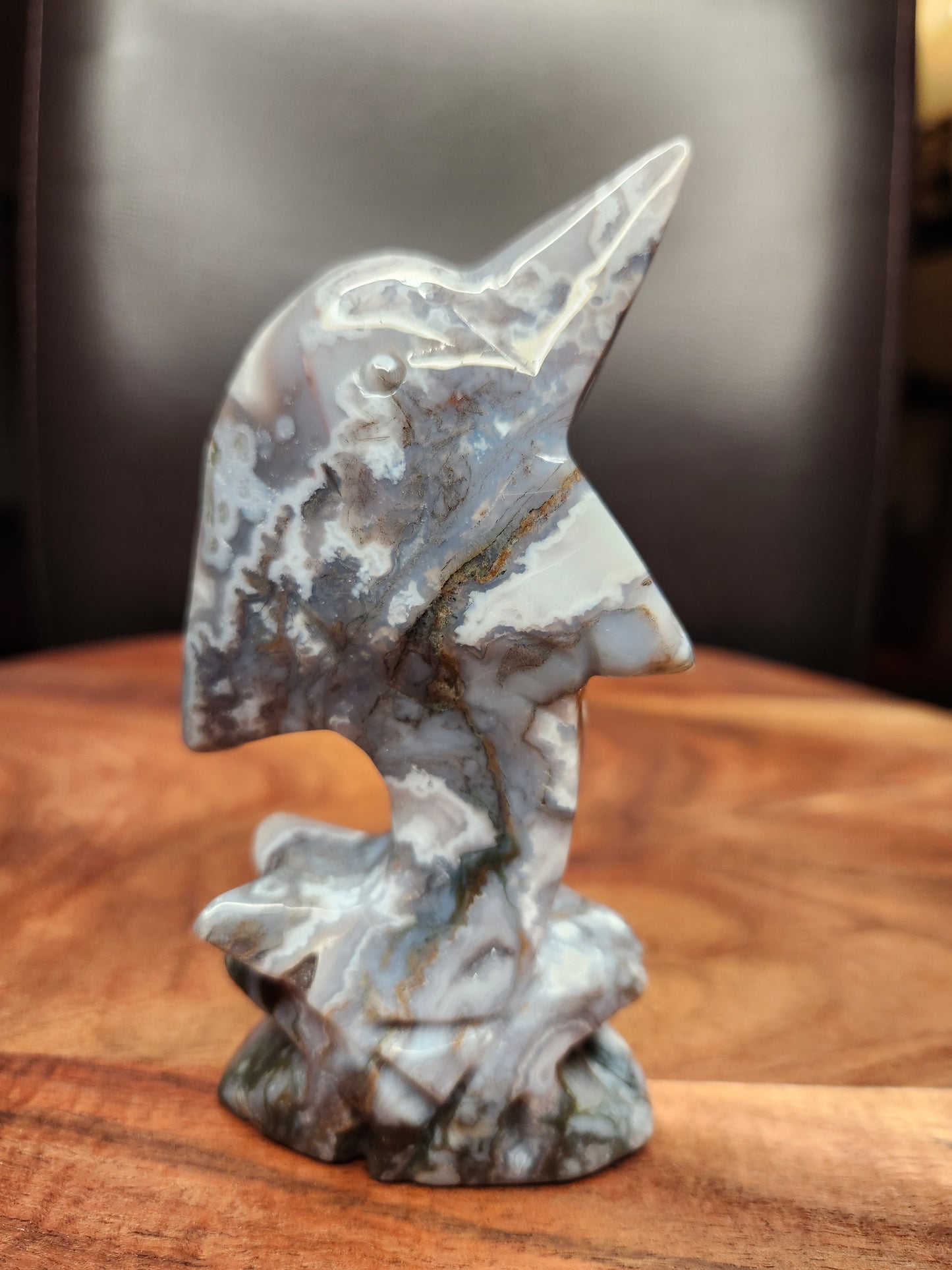 Moss Agate Dolphin Carving