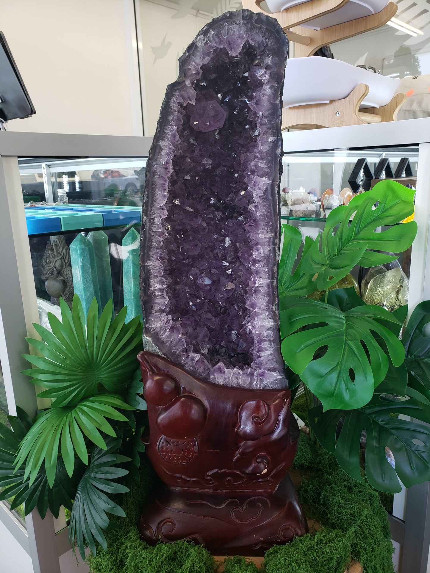 Amethyst Cave on Wood Carved Stand