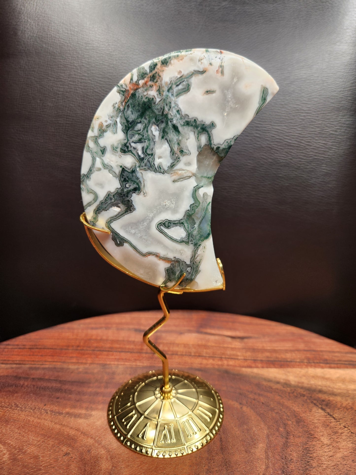 Moss Agate Moon on Stand