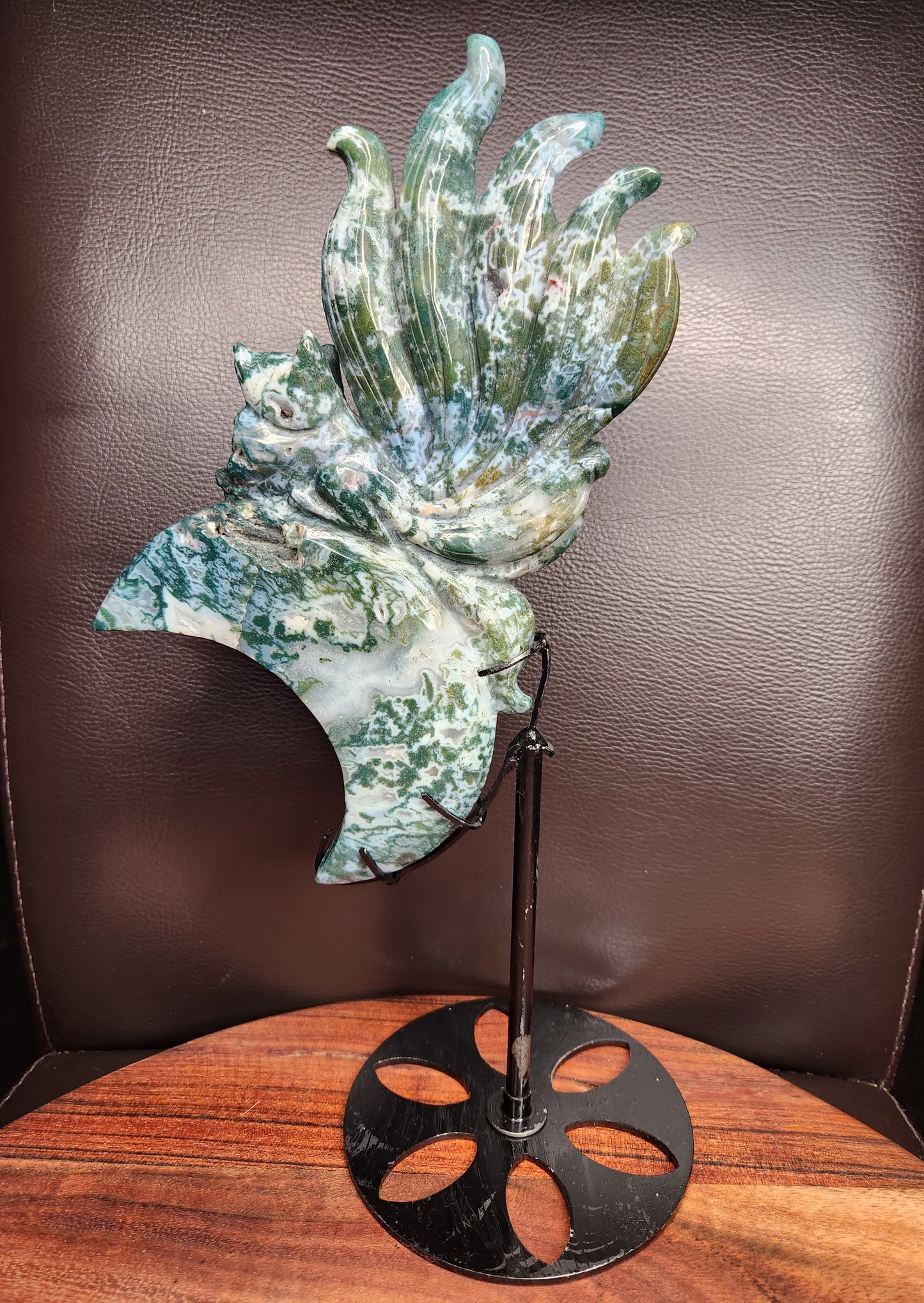 Moss Agate Nine Tail Fox on Stand