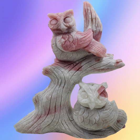 Pink Opal Owls Carving