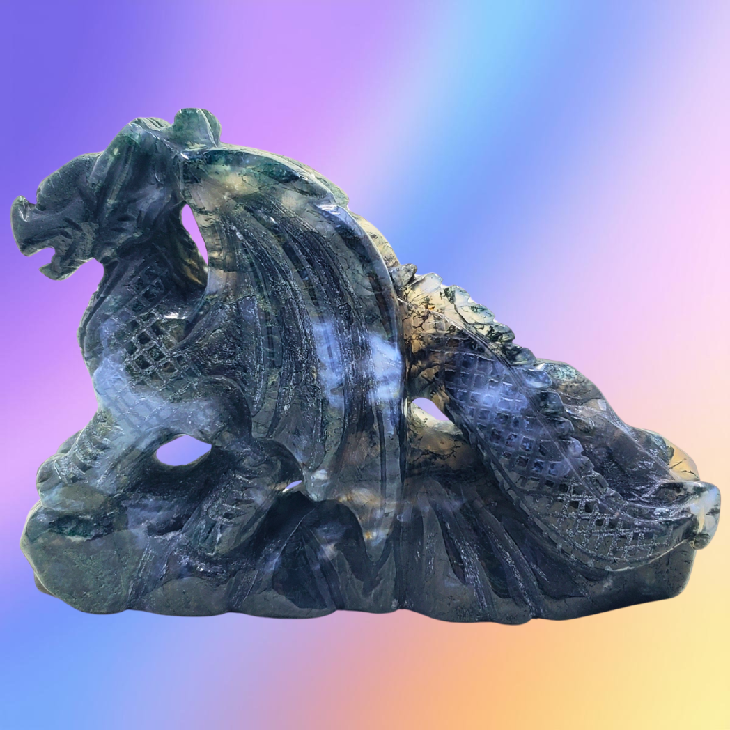 Moss Agate Mini Dragon Carving