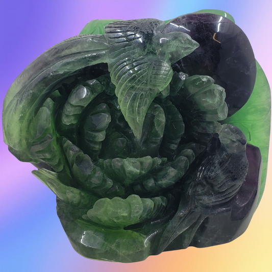 Rainbow Fluorite Birds with Flower Carving