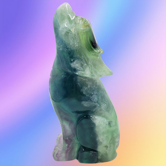Feather Fluorite Wolf Carving