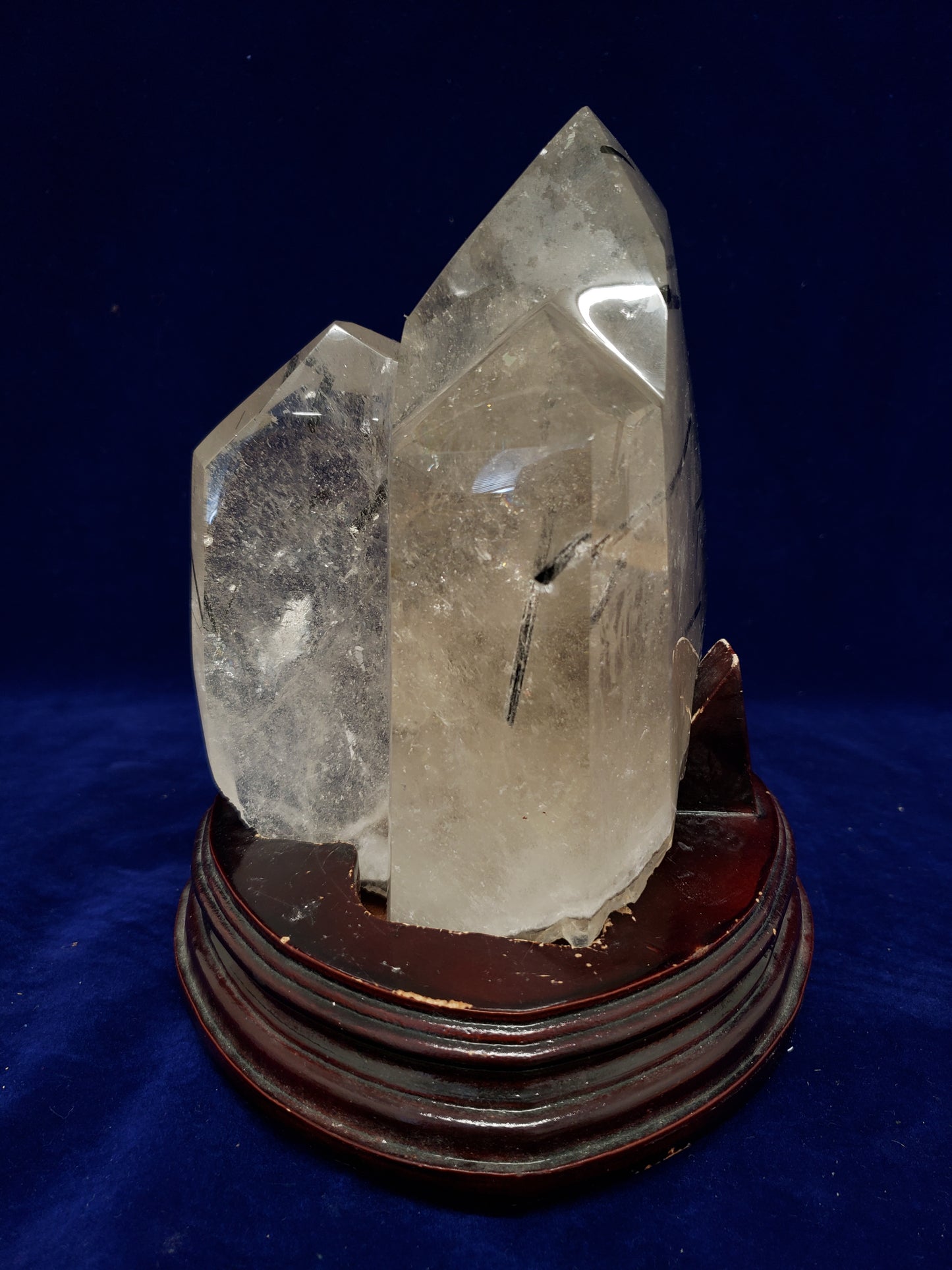 Tourmaline & Quartz Point Cluster with Wood Stand