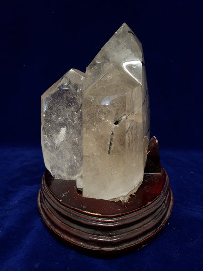 Tourmaline & Quartz Point Cluster with Wood Stand