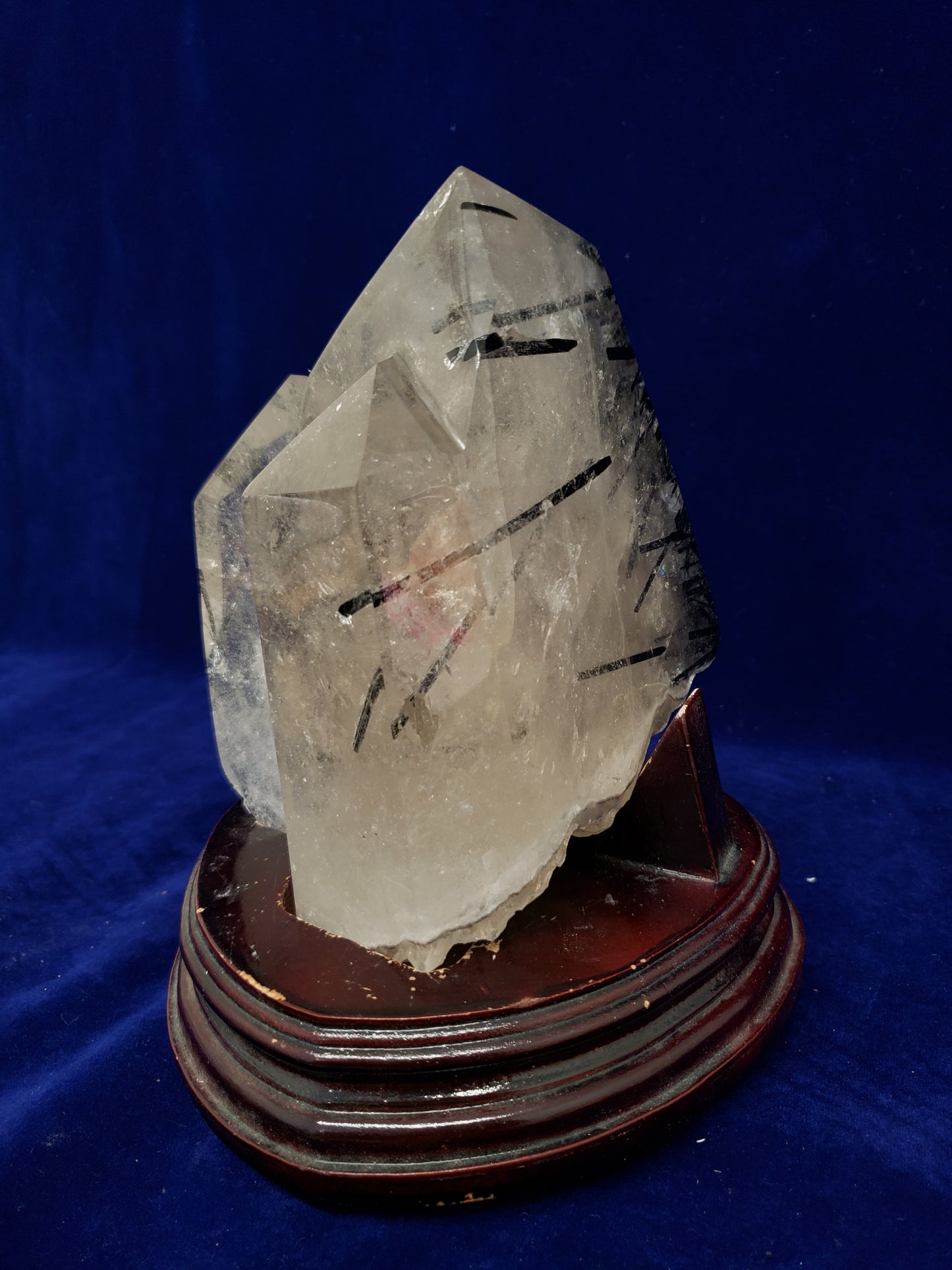 Tourmaline & Quartz Point Cluster with Wood Stand