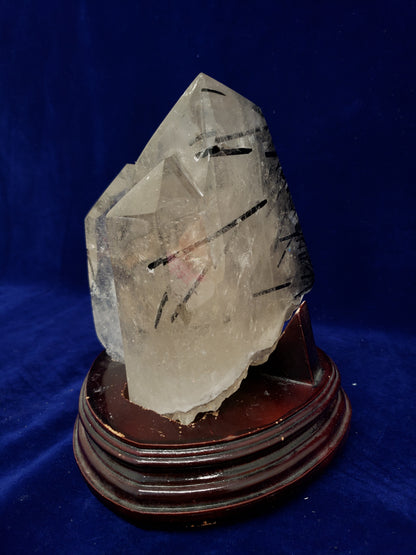 Tourmaline & Quartz Point Cluster with Wood Stand