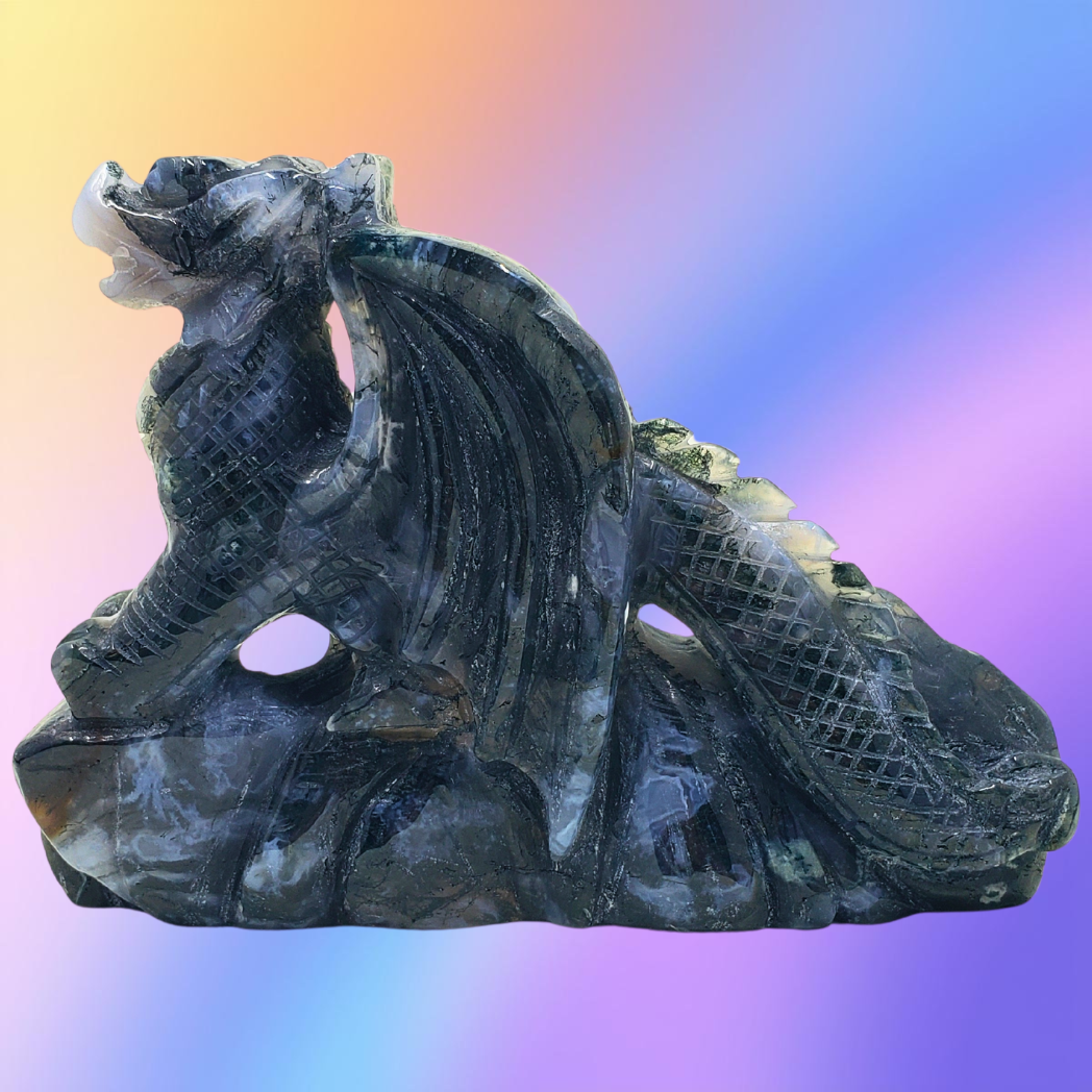 Moss Agate Mini Dragon Carving