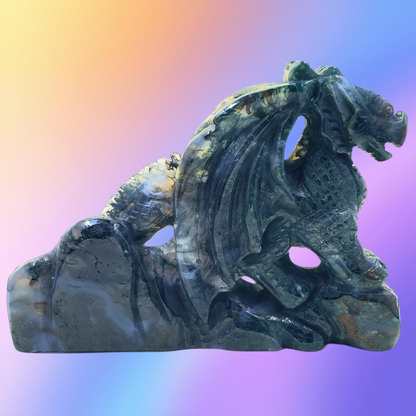 Moss Agate Mini Dragon Carving