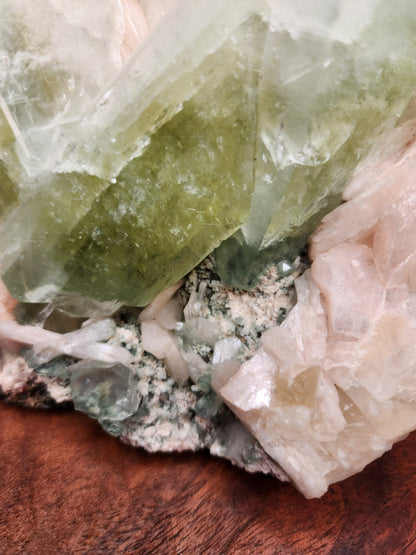 Heulandite with Large Green Apophylite Cubes, Peach Stillbite & Calcite Specimen