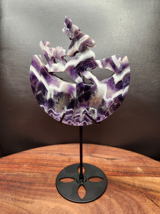 Dream Amethyst Witch & Cat flying by the Moon Carving