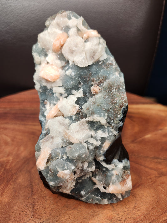 Heulandite with Peach Stillbite on Blue Chalcedony Specimen