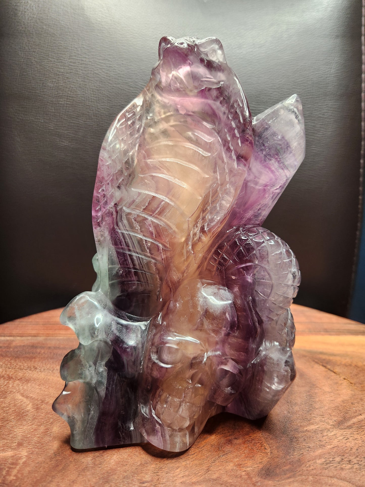 Rainbow Fluorite Cobra Snake with Skull in Cluster Carving