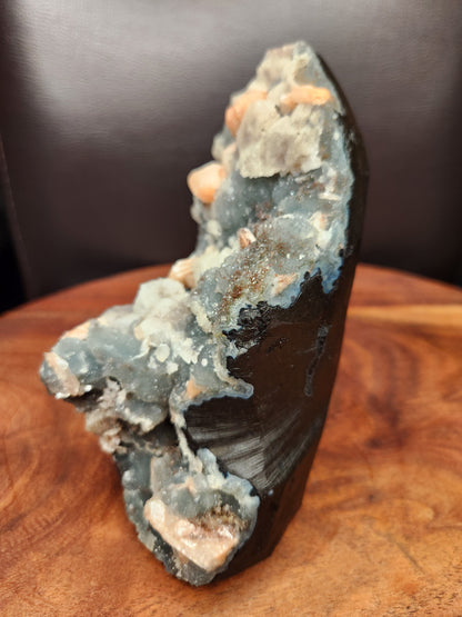 Heulandite with Peach Stillbite on Blue Chalcedony Specimen