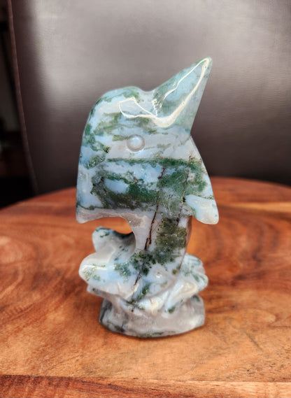 Moss Agate Dolphin Carving
