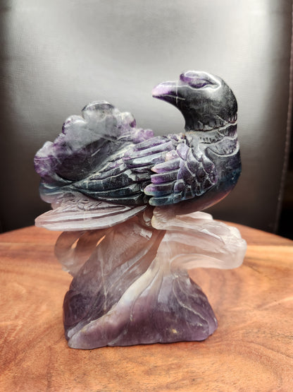 Rainbow Fluorite Bird with Flower Carving