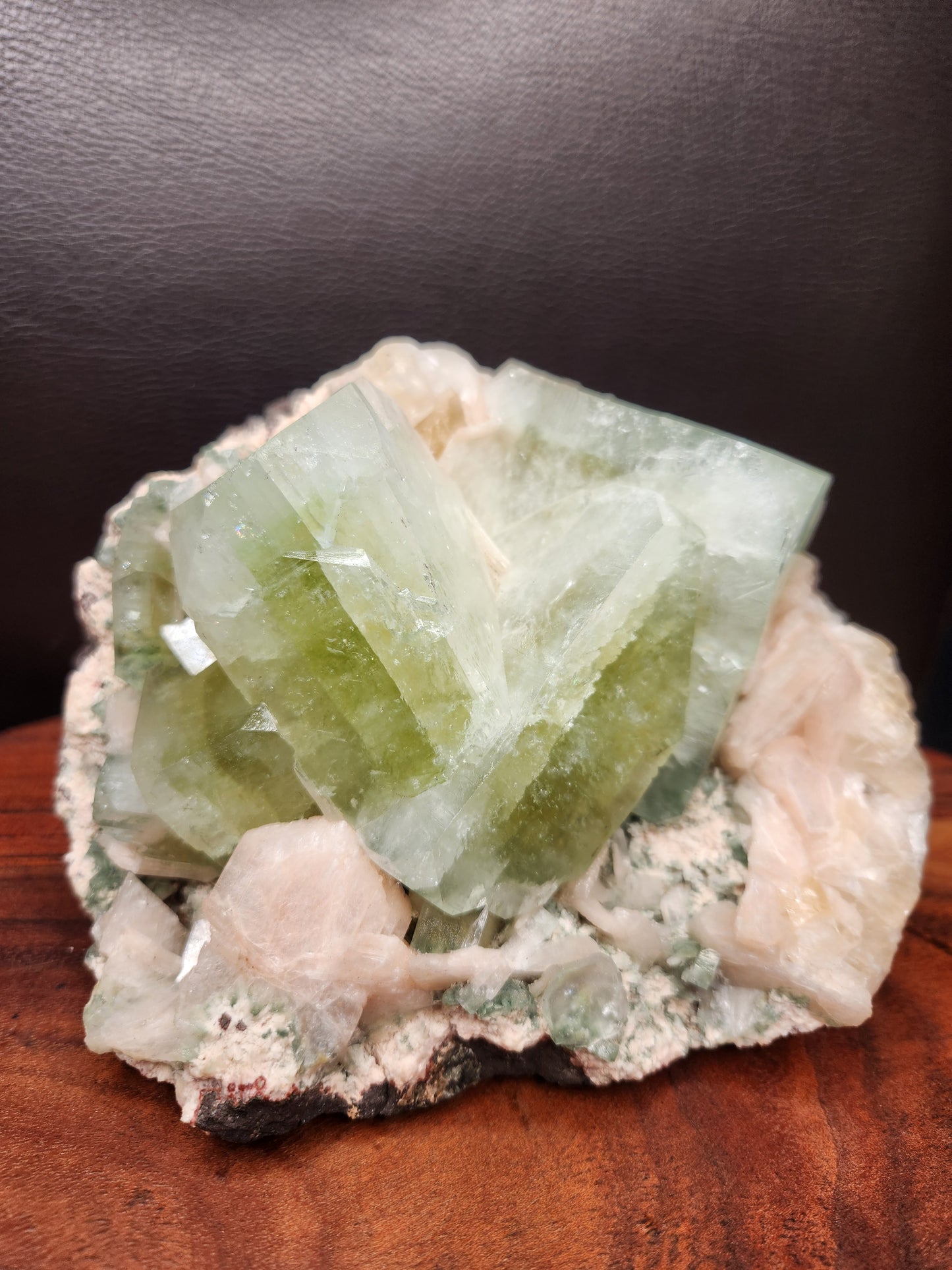Heulandite with Large Green Apophylite Cubes, Peach Stillbite & Calcite Specimen