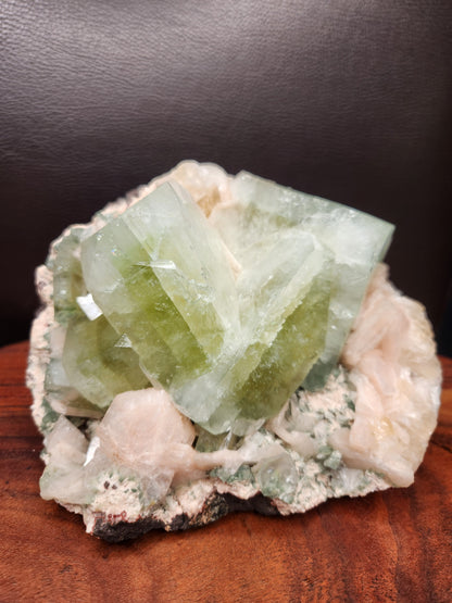 Heulandite with Large Green Apophylite Cubes, Peach Stillbite & Calcite Specimen