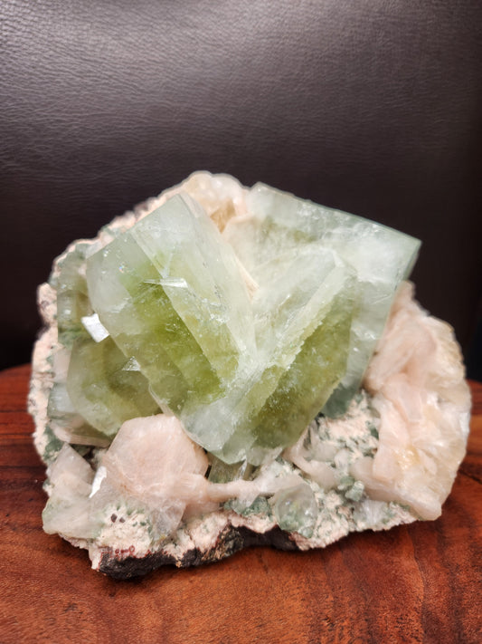 Heulandite with Large Green Apophylite Cubes, Peach Stillbite & Calcite Specimen