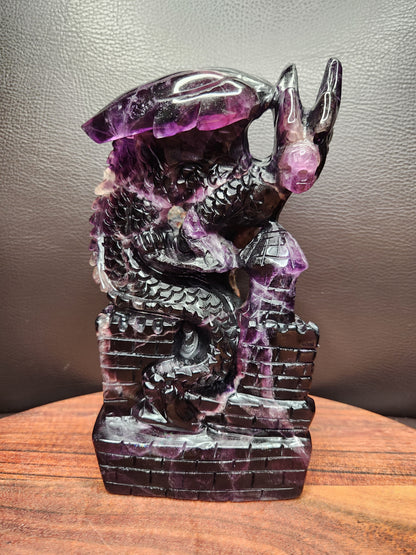 Dark Purple Fluorite Dragon on Castle Carving
