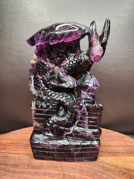 Dark Purple Fluorite Dragon on Castle Carving