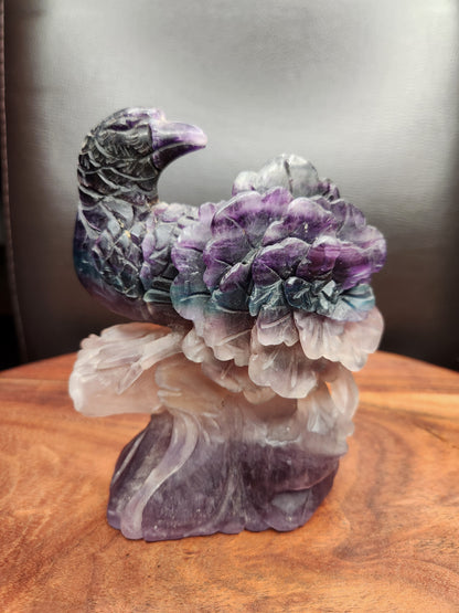 Rainbow Fluorite Bird with Flower Carving