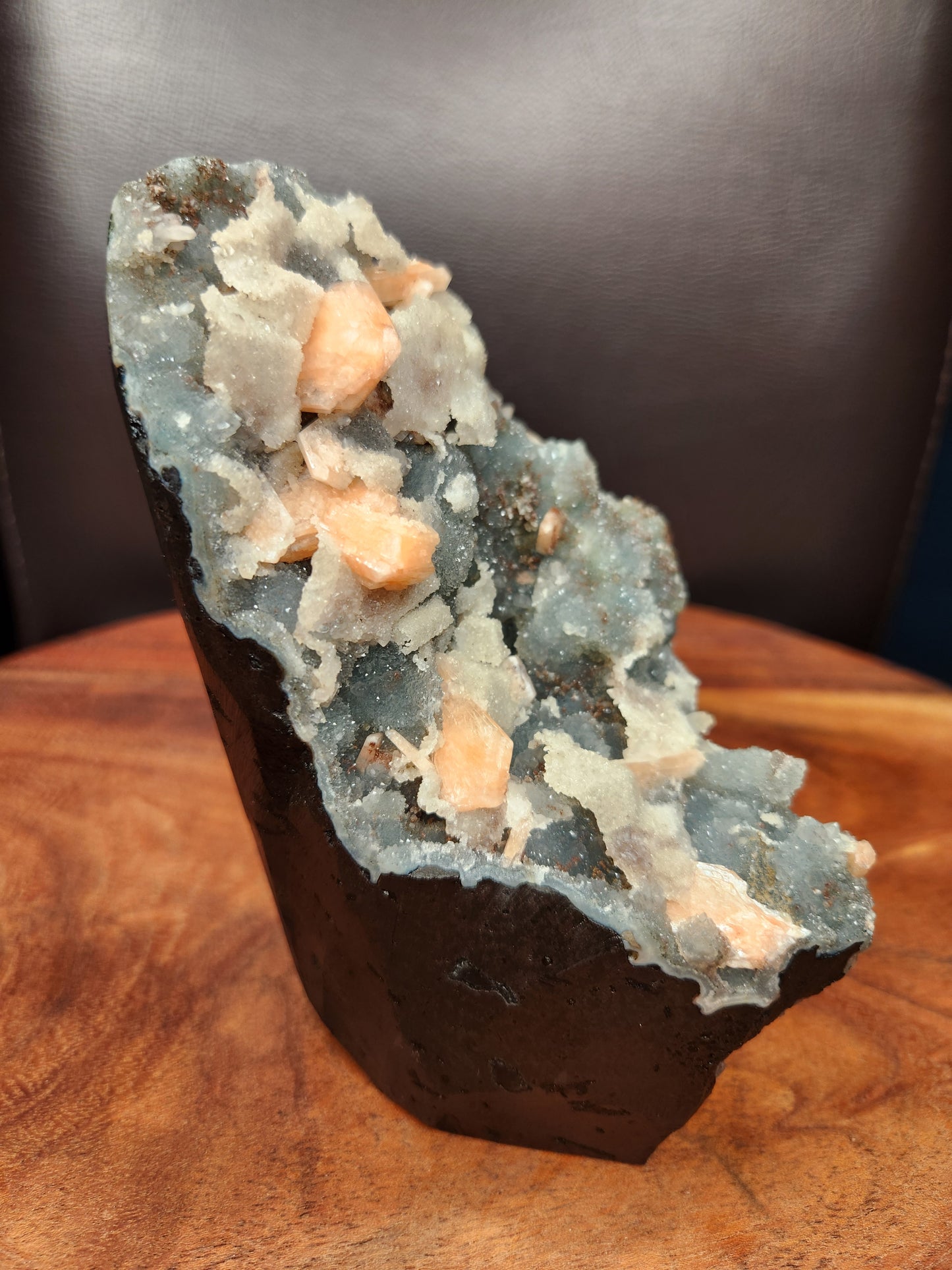 Heulandite with Peach Stillbite on Blue Chalcedony Specimen