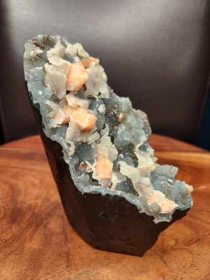 Heulandite with Peach Stillbite on Blue Chalcedony Specimen