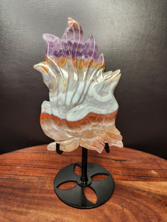 Mexican Agate & Amethyst Nine Tail Fox Carving on Stand.