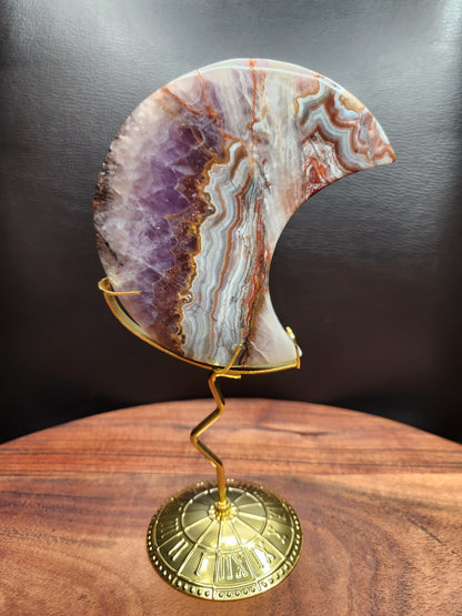 Mexican Agate & Amethyst Moon on Stand